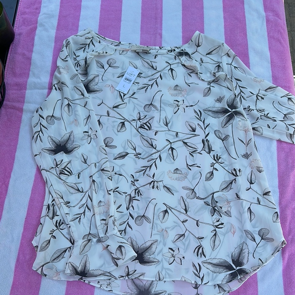 LOFT Floral long Sleeve Blouse in White and Gray